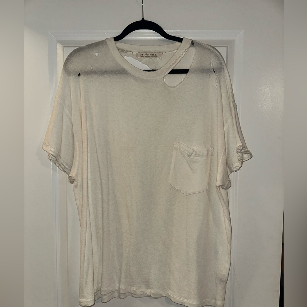 White Distressed White T-Shirt with pocket
